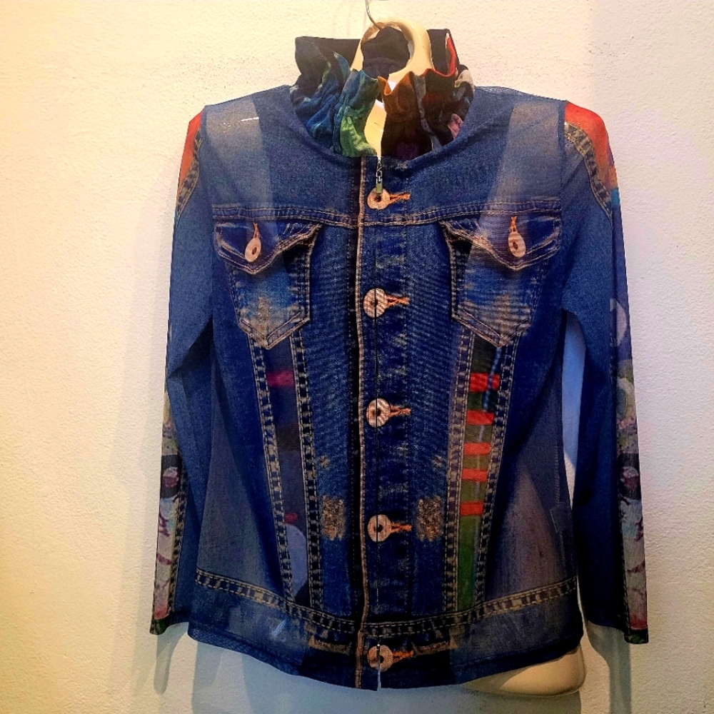 Vintage Damee Sheer Jacket With Denim Print. Size: PXL